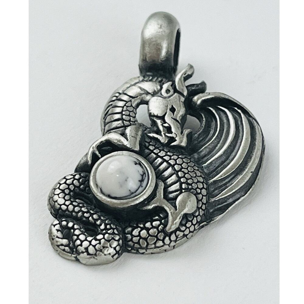 Pewter Dragon Pendant Holding White Stone Ball Faux Howlite Mystical Fantasy Got